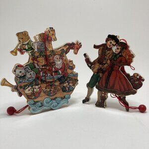 Santa Claus Ark & Animals and Jumping Jack Pull String Vintage Wood Ornaments